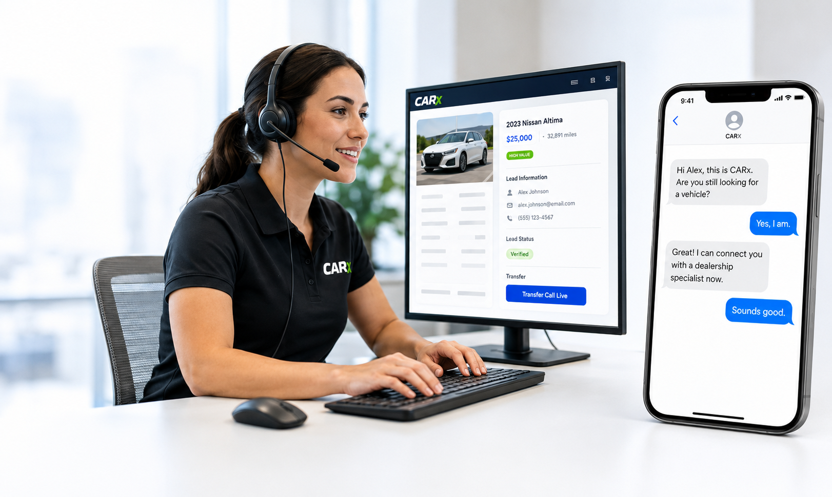 CARx call center specialist helping transfer a verified buyer to a dealership