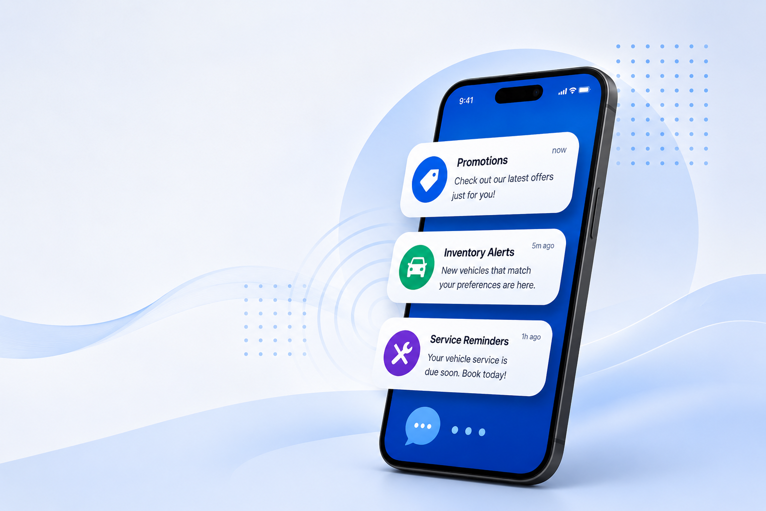 CARx SMS marketing showing promotions, inventory alerts, and service reminders on a phone